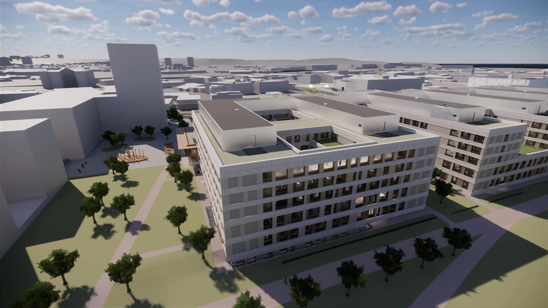 Auf der Animattion sieht man den Hochpunkt, das Verwaltungsgebäude von Norden aus. Bild: z