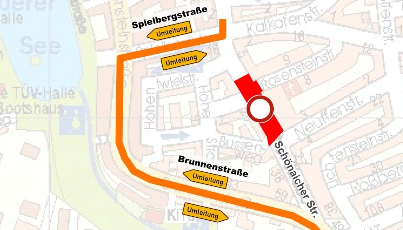 Die Umleitung während der Sperrung erfolgt weiterhin über die Brunnenstraße und Spielbergstraße.