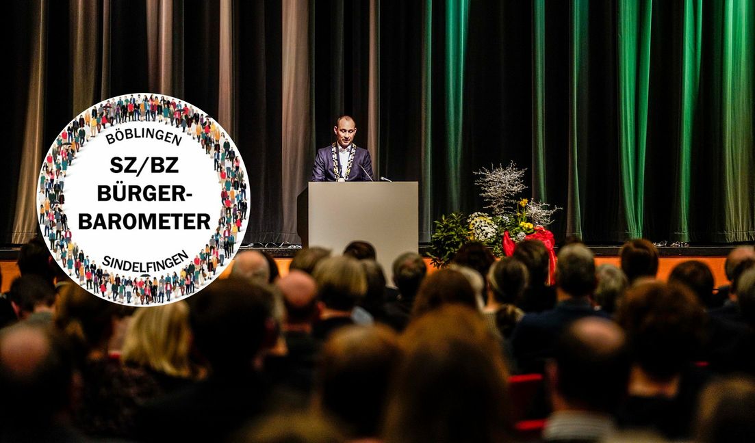 Oberbürgermeister Dr. Stefan Belz beim Neujahrsempfang in der Kongresshalle. Eine Mehrheit der Einwohner ist mit seiner Amtsführung weiterhin zufrieden. Bild: Dettenmeyer/Grafiken: Teufel
