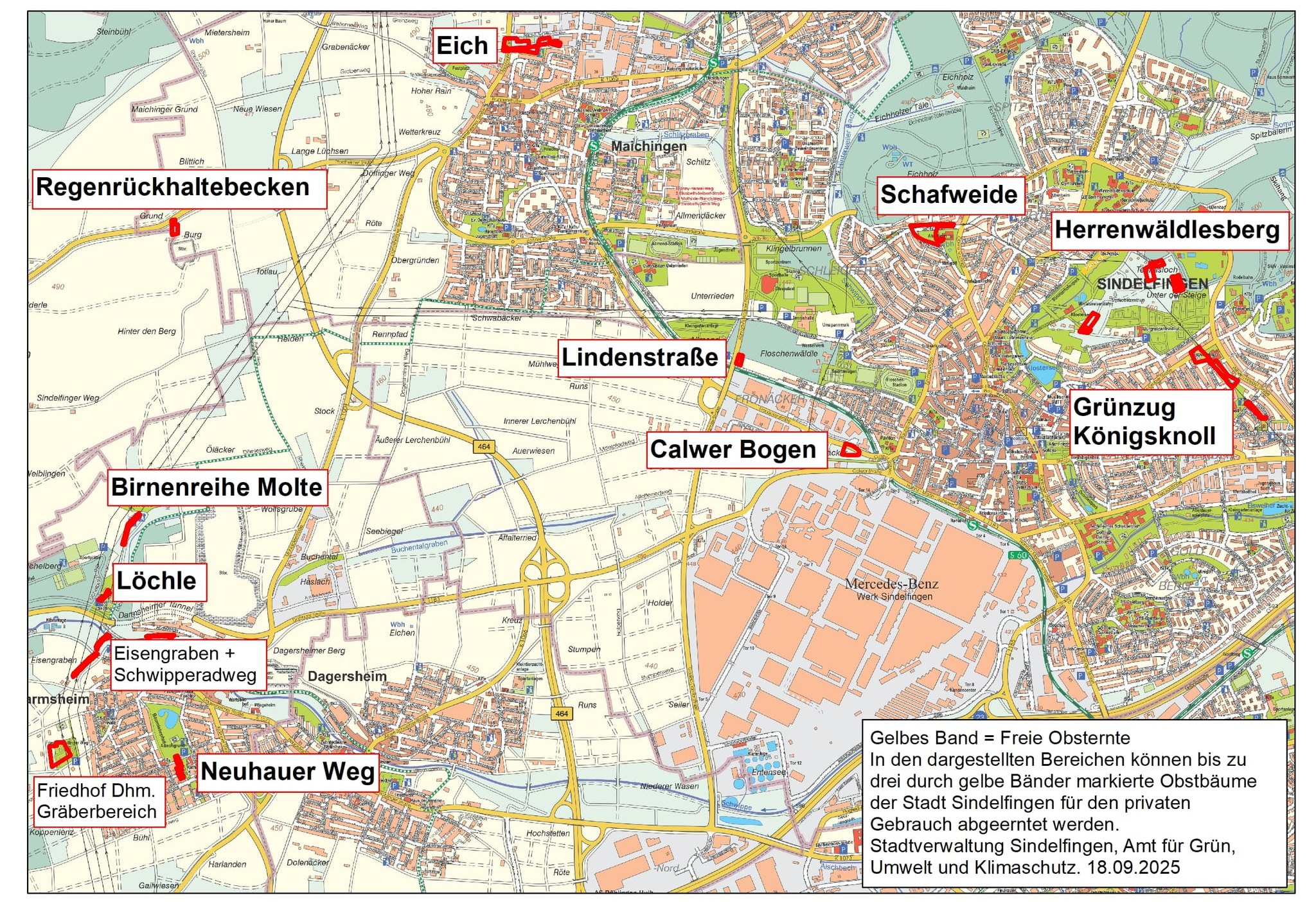 Unsere Grafik zeigt ein Übersichtskarte zu markierten Obstbäumen auf Sindelfinger Gemarkung.