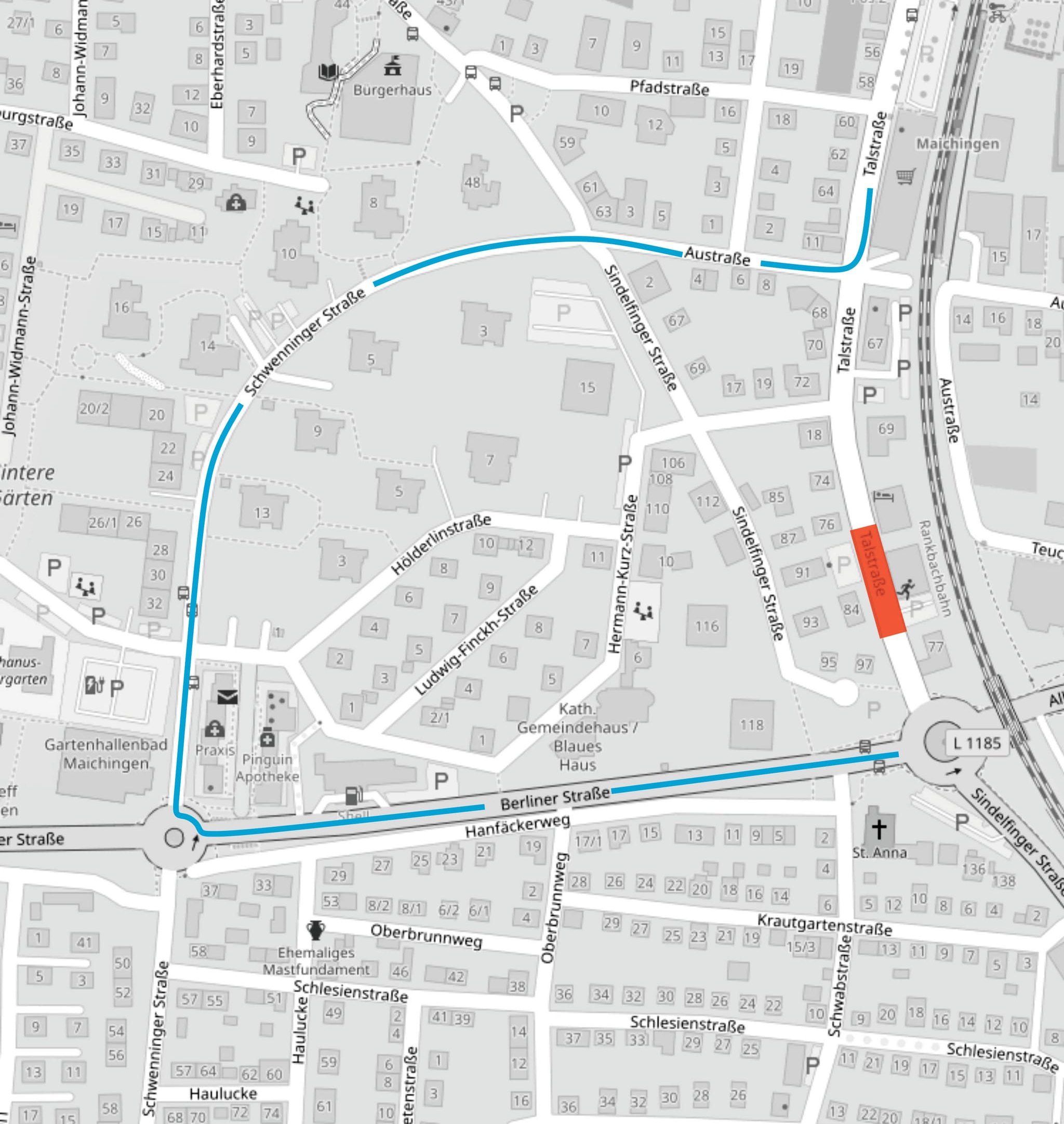 Die Grafik zeigt die Umleitung während Sperrung der Talstraße.