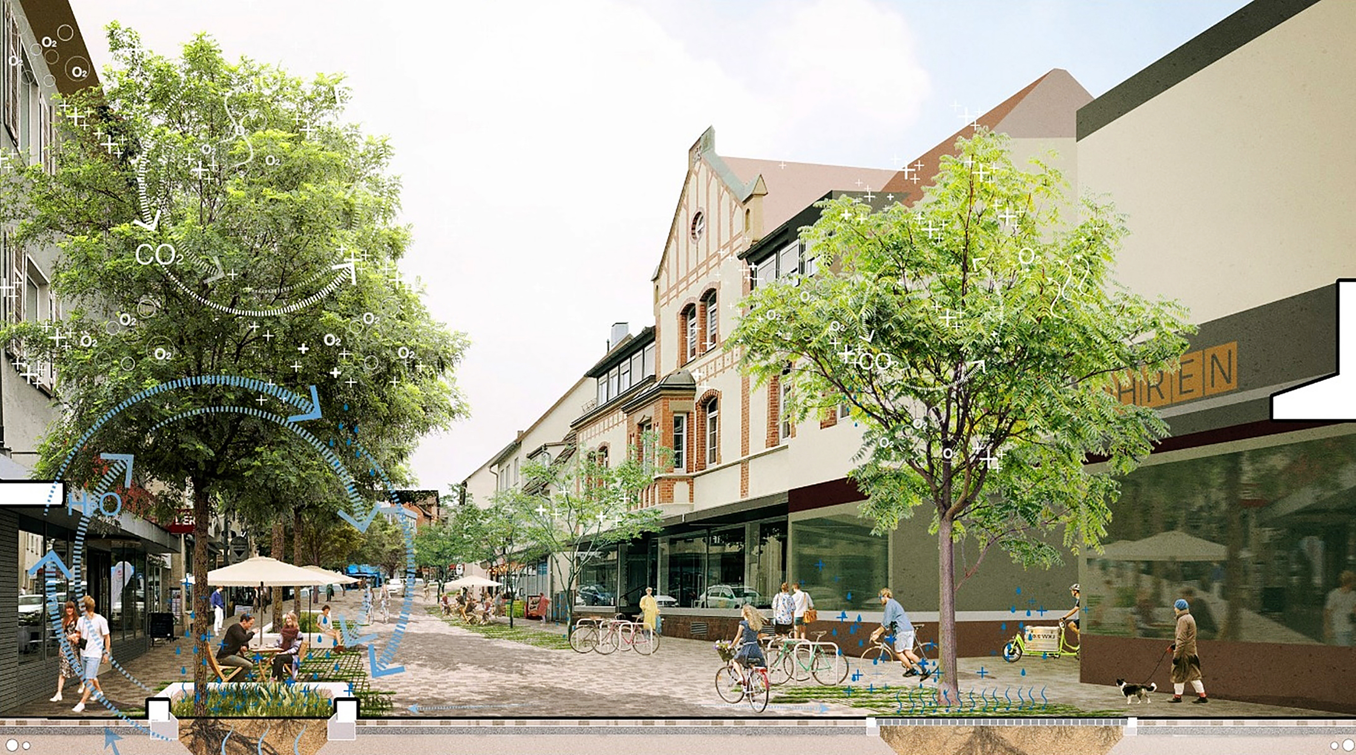 So könnte die Stadtgrabenstraße in ein paar Jahren aussehen: Der Vorentwurf zeigt eine verkehrsberuhigte Zone mit einem Pflasterbelag aus Granitsteinen, zusätzlich gepflanzte Bäume, Buchten für Pkw- und Fahrradstellplätze und jede Menge Raum für Außengastronomie und Einzelhandelsangebote.  Bild: Bauchplan