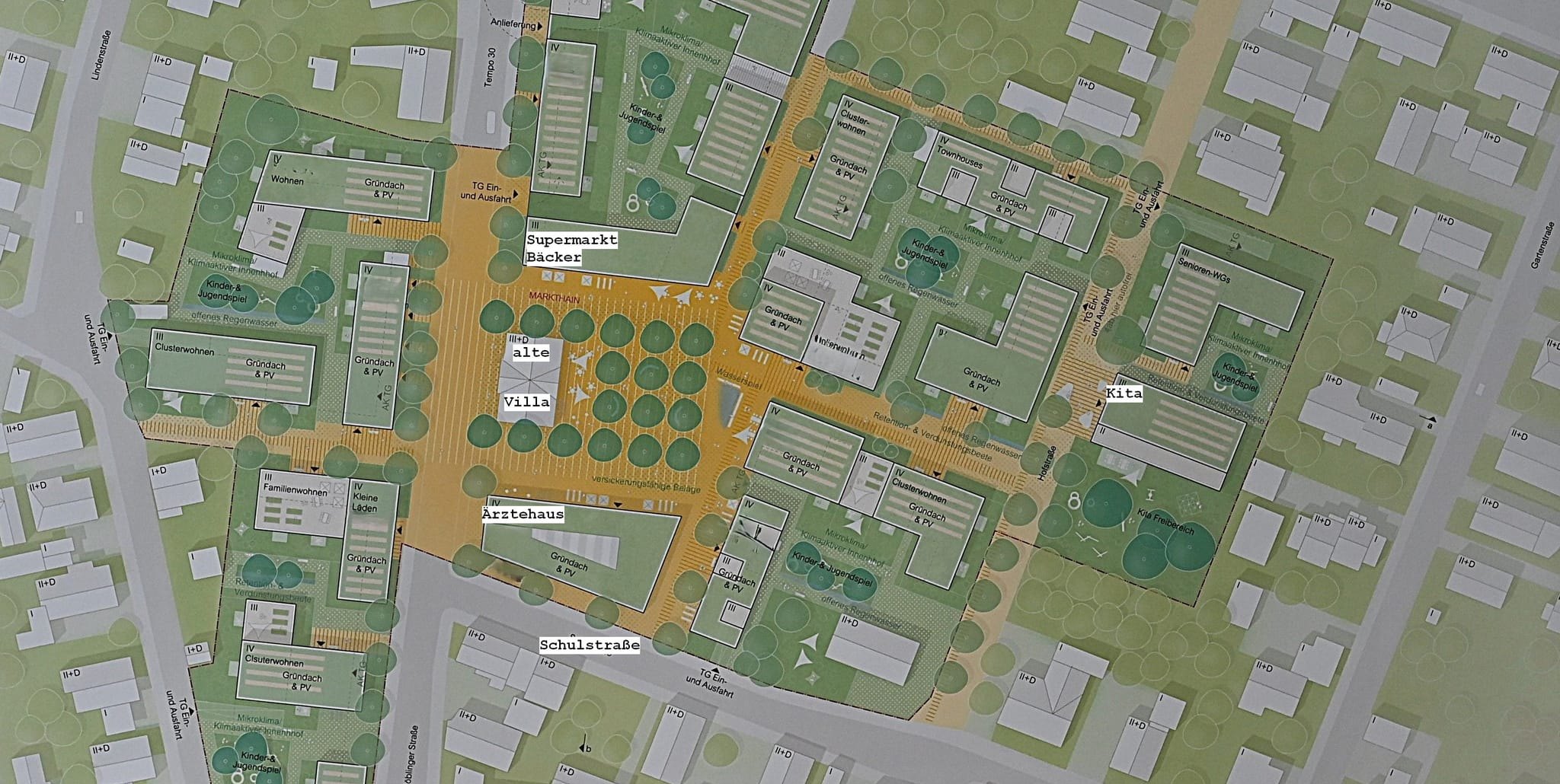 In der Mitte der Grafik sieht man die Alte Villa und den frei werdenden Platz in der Mitte Schönaichs. Bild: Reichert