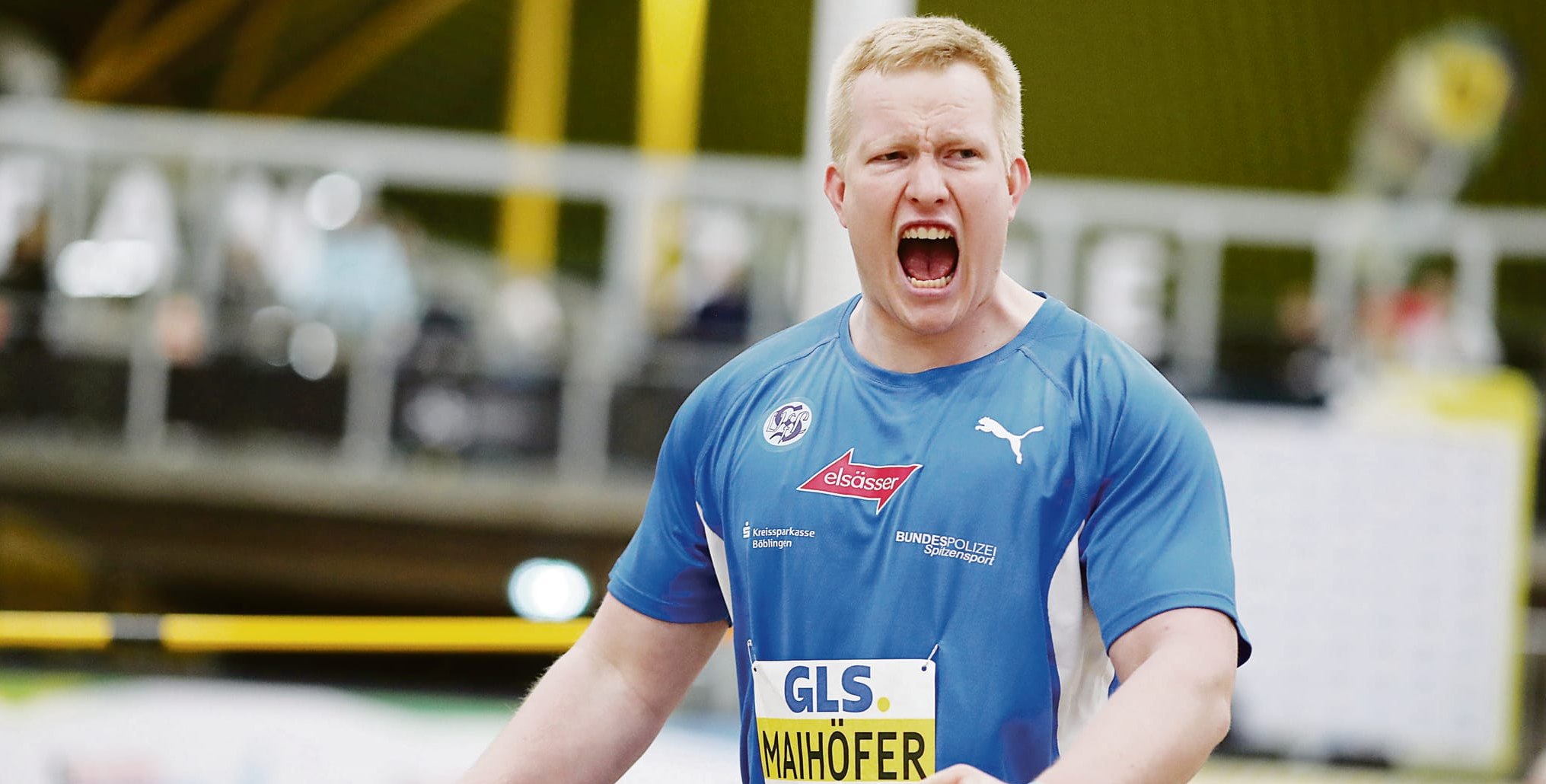 Der Moment nach seinem zweiten Versuch. Kugelstoßer Eric Maihöfer schreit seine Freude über die 20,37 Meter heraus.