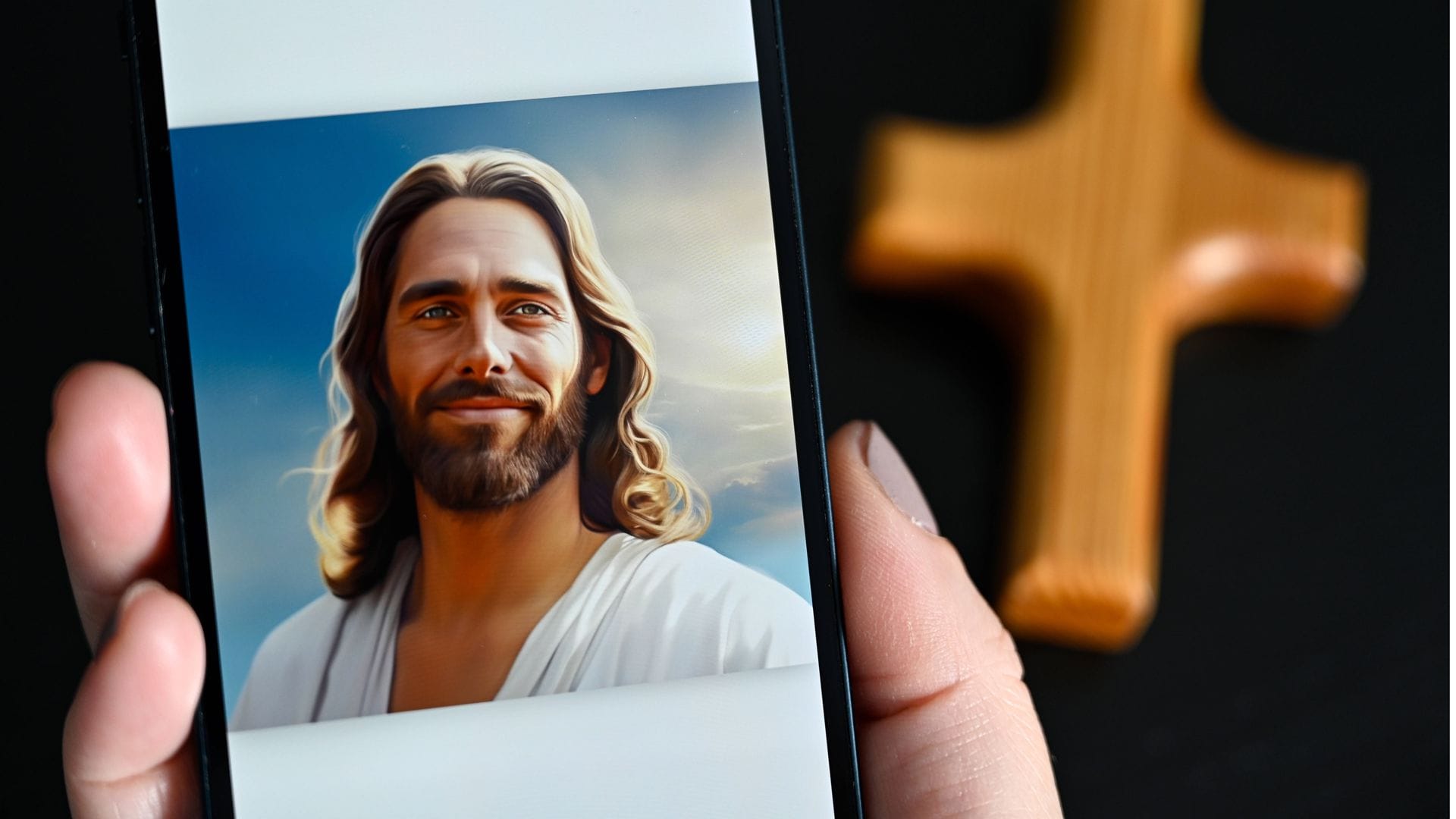 Die App „Text with Jesus“ von der Tech-Firma Catloaf Software auf einem Smartphone (Foto vom 20. September 2023). Die App ist seit Mitte Juni 2023 auf dem Markt. Nicht nur der Sohn Gottes steht hier zum Plaudern parat, auch Maria und Josef, die zwölf Jünger, sowie andere biblische Figuren wie Noah, Moses oder Lot.