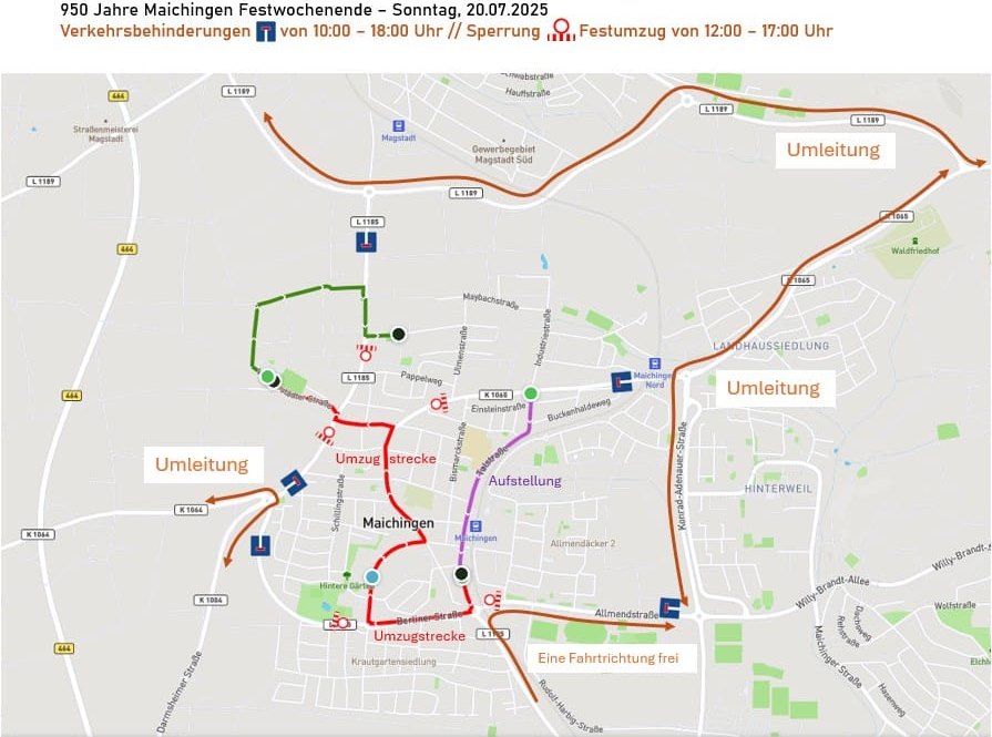 Übersicht der Sperrungen und Umleitungen am Sonntag in Maichingen.Grafiken: z