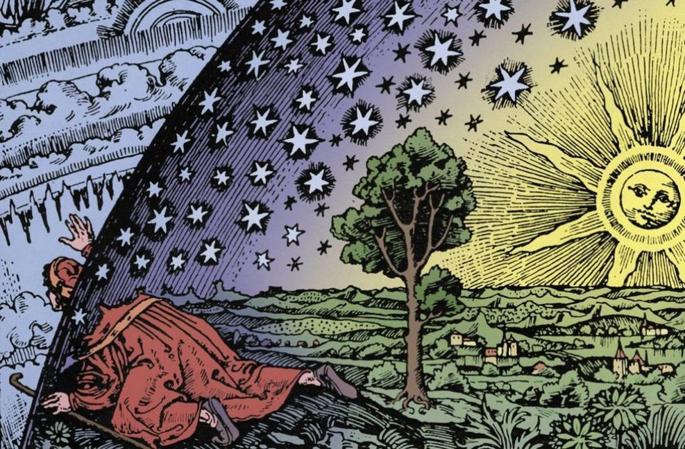 Philosophie bedeutet: die Grenzen der Welt durchbrechen (französischer Holzschnitt von 1888 im Stil von 1520).