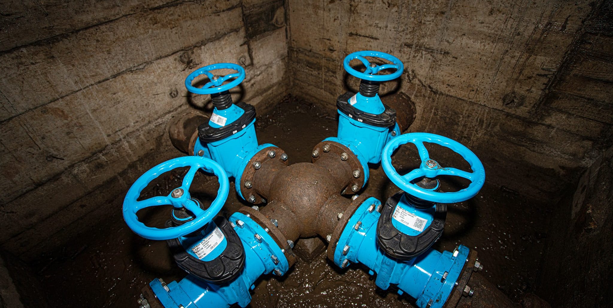 Seltener Einblick in einen Kanalschacht, in dem die Frischwasserleitungen in die einzelnen Bezirke abgehen und mit Schiebern geschlossen werden können. Bild: Richter