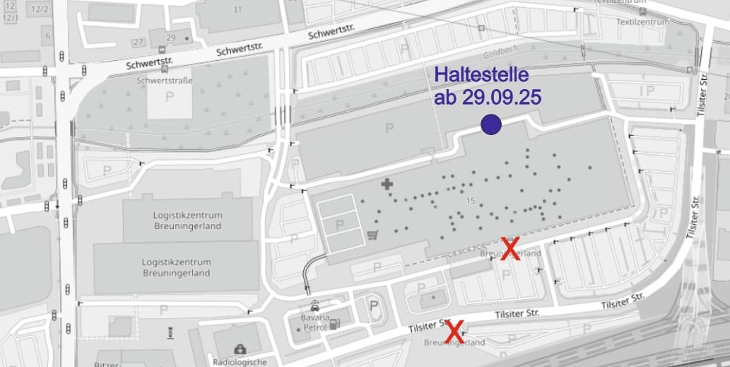 Unsere Karte zeigt die Verlegung der Haltestelle Breuningerland ab Montag, 29. September.