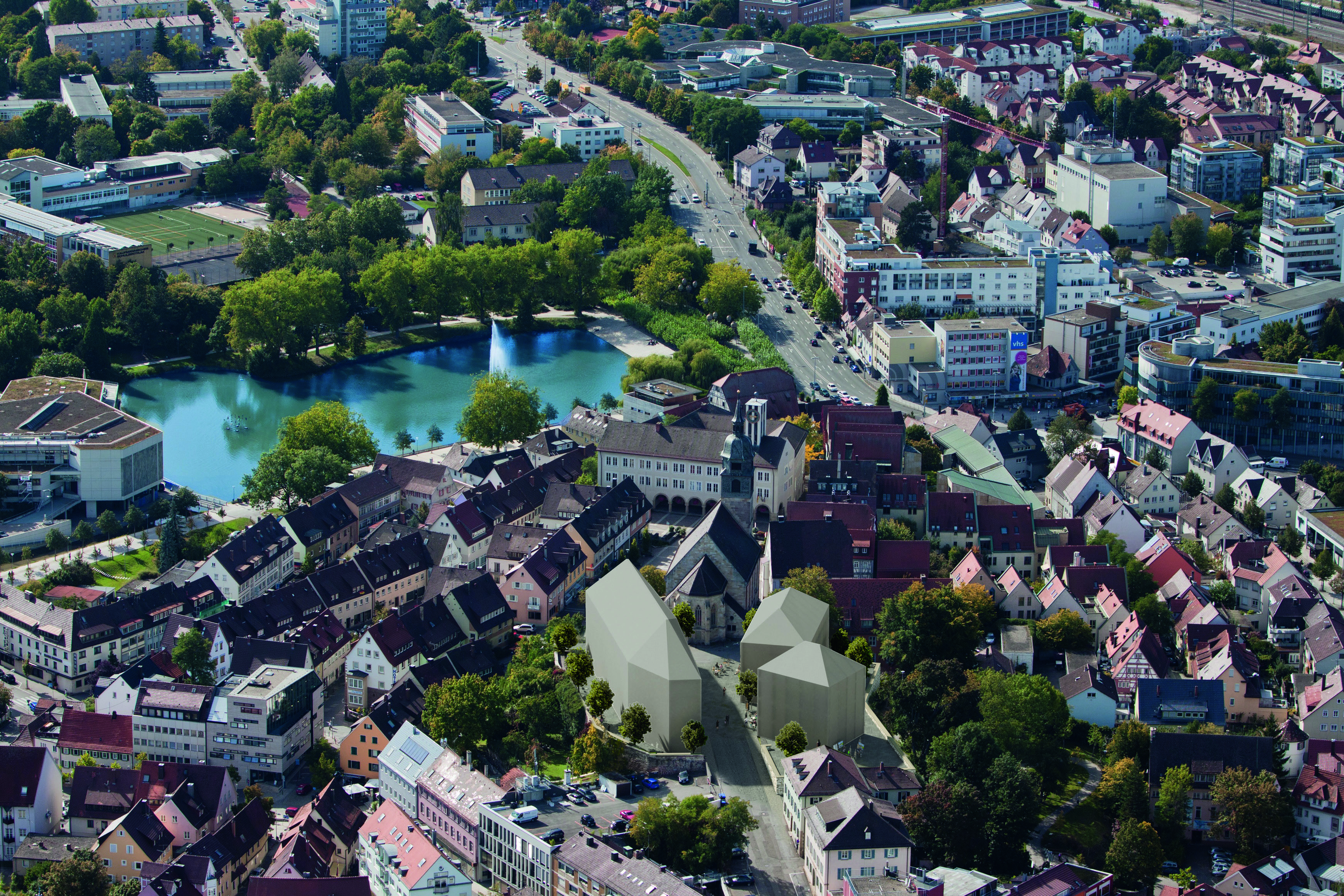 So könnte der Schlossberg mit drei neuen Gebäuden neben der Stadtkirche in einigen Jahren aussehen. Sollte das Projekt realisiert werden, müssten die Häuser bis spätestens 2030 stehen. Bild: Barkow Leibinger