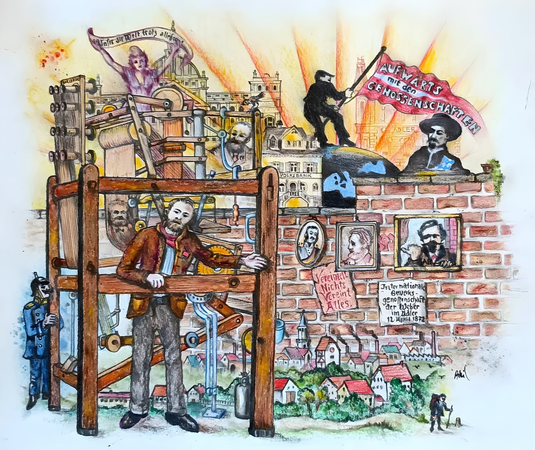 Georg Bronnenmayer und Maichingen: Eine zeichnerische Collage von Klaus Philippscheck.