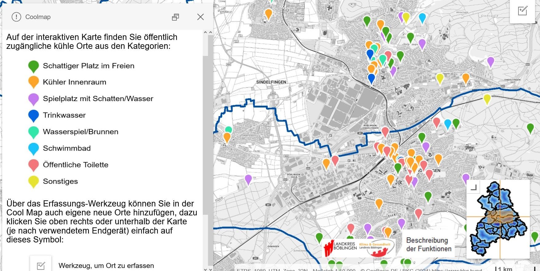 So sieht die Coolmap aus, wenn man näher heranzoomen. Wer auf die bunten Bläschen klickt, bekommt genauere Informationen. Der Link ist im Artikel aufgeführt.