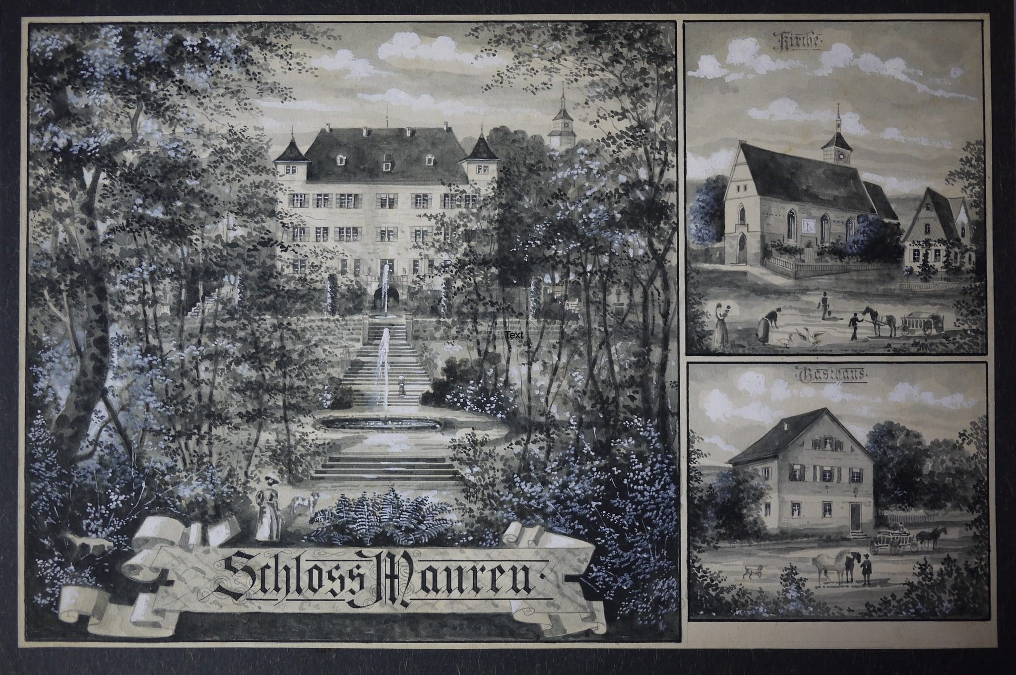 Eine alte Schlossansicht mit herrschaftlicher Freitreppe in den Garten.