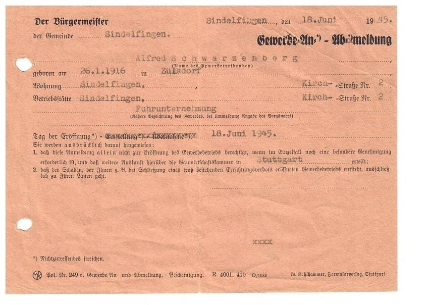 Gewerbeanmeldung am 18. Juni 1945