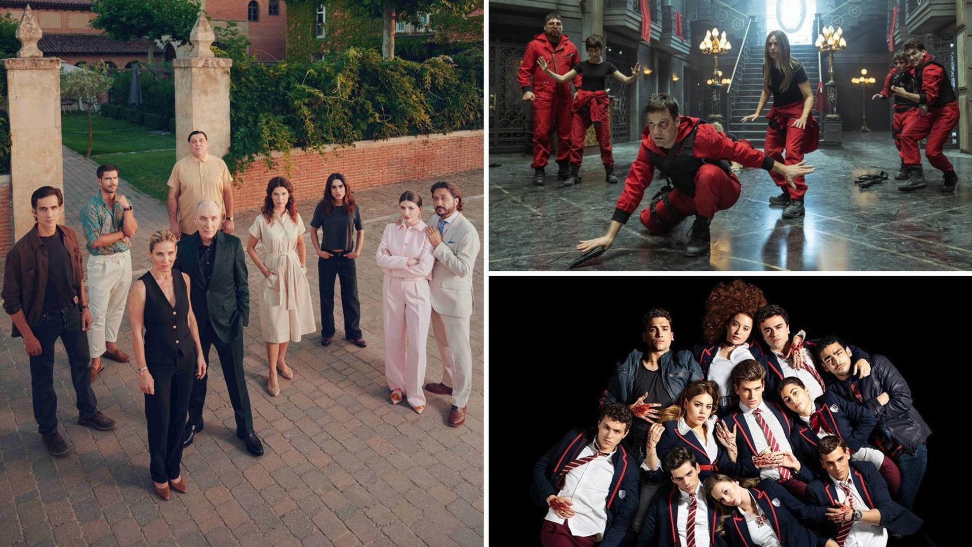Thriller-Serien aus Spanien: „Shades“, „Haus des Geldes“, „Élite“ (von links im Uhrzeigersinn)