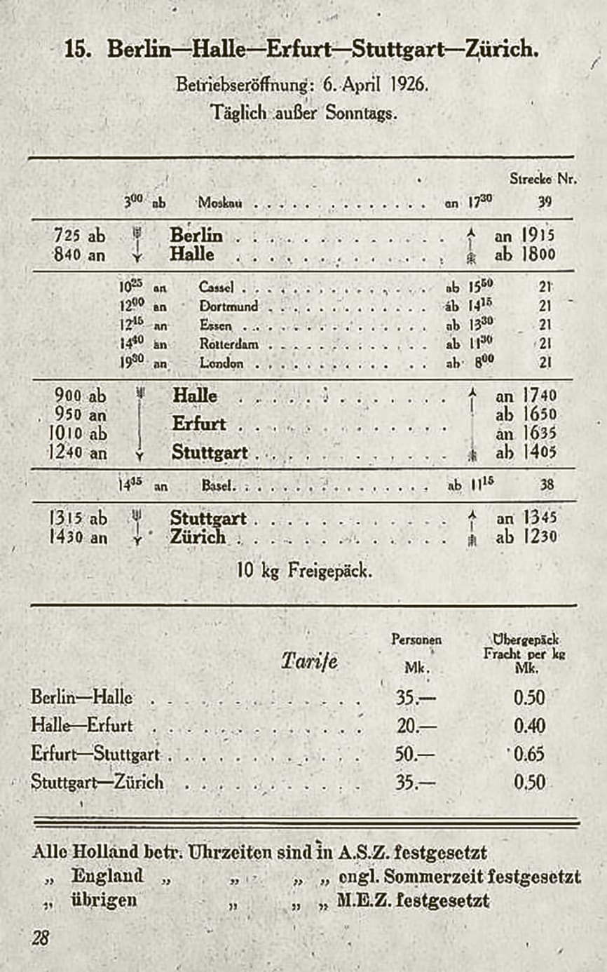 Aus dem Flugplan Frühjahr 1926 der Deutschen Luft Hansa A.G..