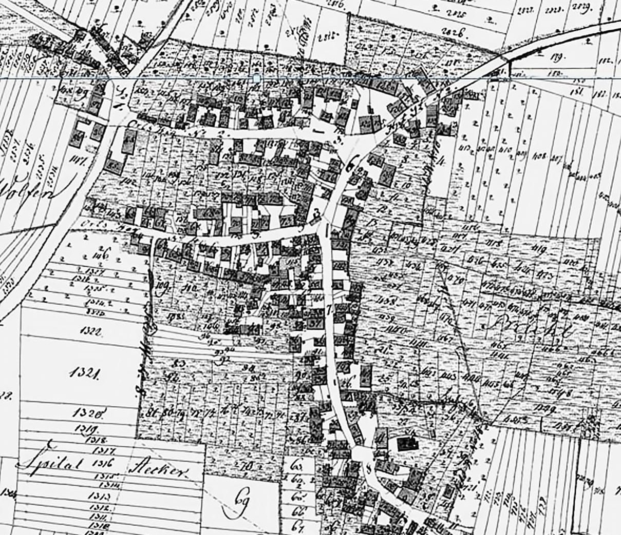 Der Ortsplan von 1830/1831. Rechts erstreckt sich die Sindelfinger Straße, die beiden Querstraßen sind die Brunnenstraße und Pfaffengasse.  Größer war Maichingen damals nicht. Folglich müsste der Löwe an einer der Straßen gestanden haben.