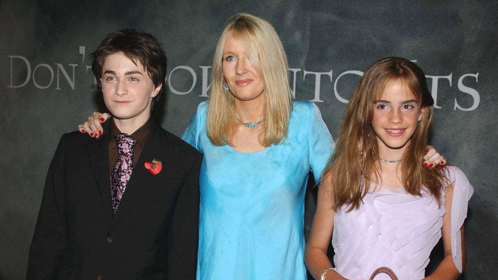 Archivbild aus dem Jahr 2002: Daniel Radcliffe, J.K. Rowling und Emma Watson