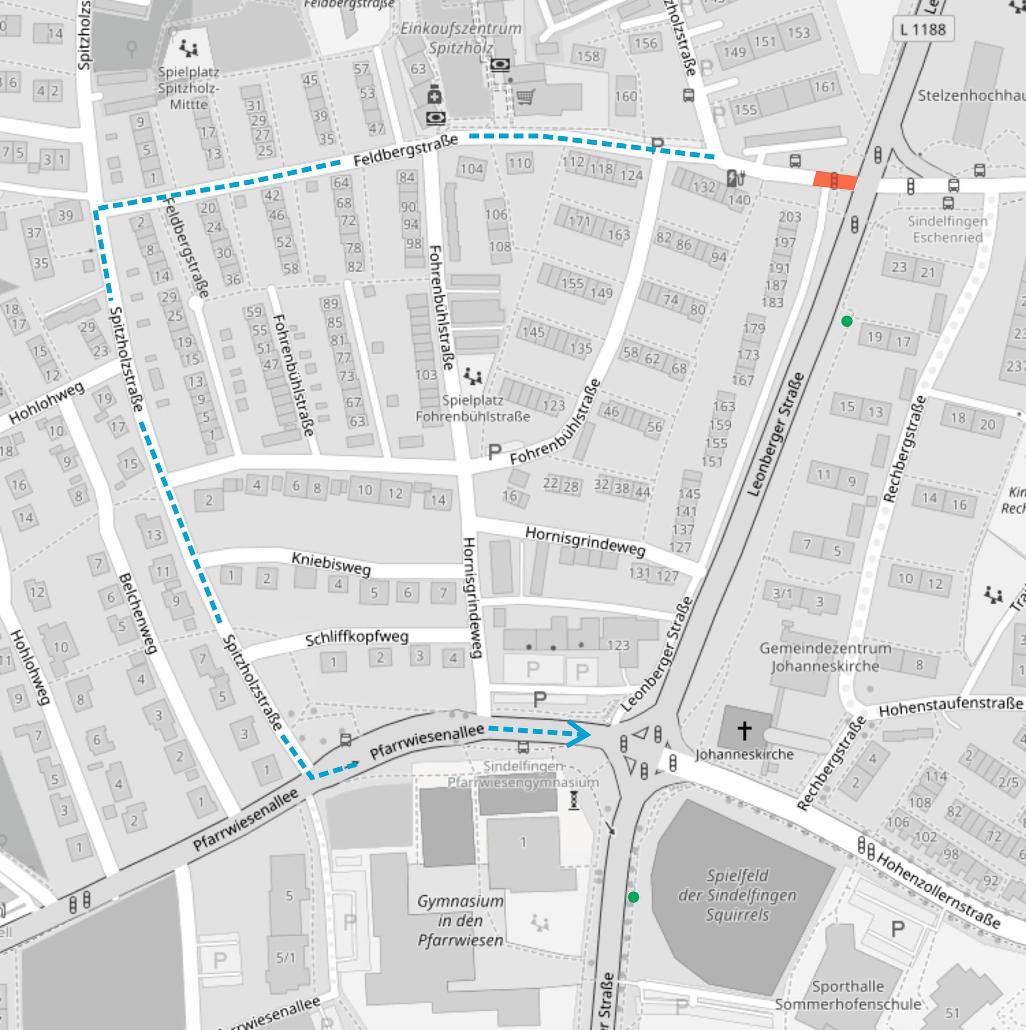 Für die Sperrung der Feldbergstraße wird der Verkehr über Feldbergstraße, Spitzholzstraße und Pfarrwiesenallee umgeleitet.