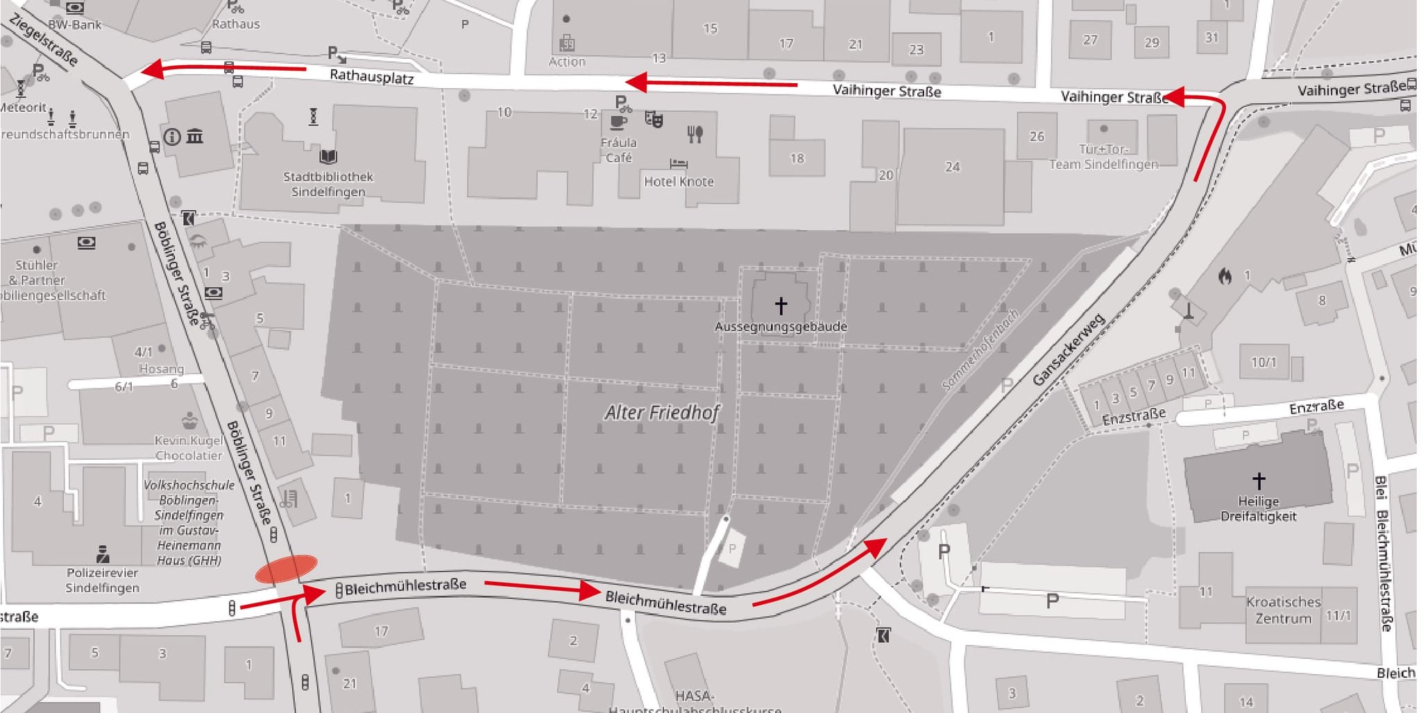 Die Umleitung für die Sperrung der Böblinger Straße führt über Bleichmühlestraße, Gansackerweg, Vaihinger Straße und den Rathausplatz.