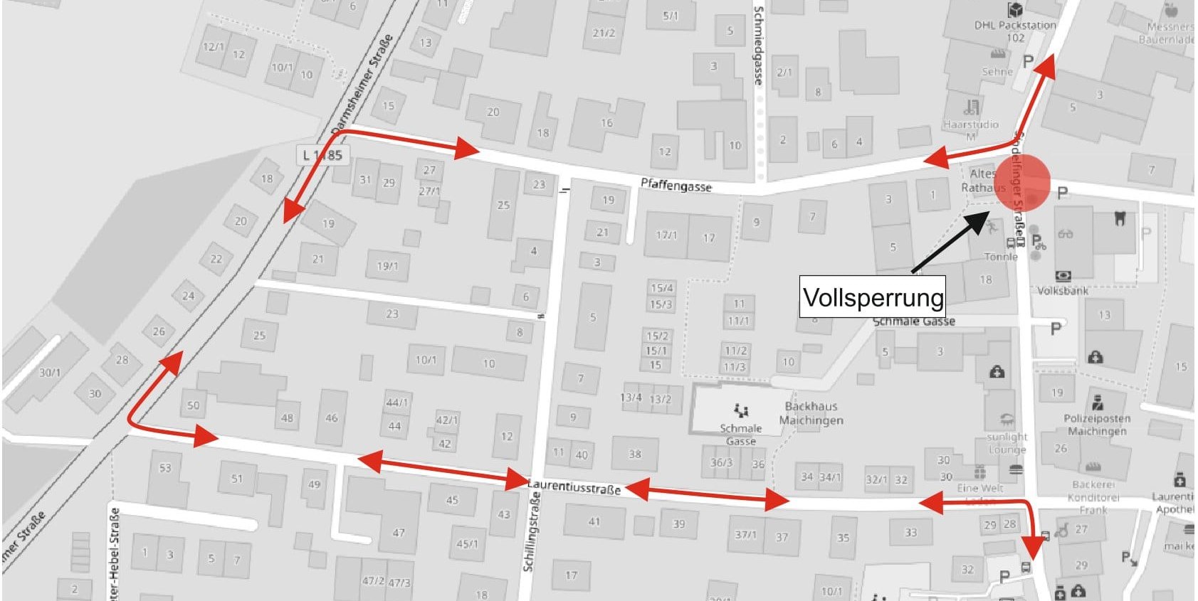 Unsere Karte zeigt die Umleitung wegen der Sperrung der Sindelfinger Straße in Maichingen ab nächsten Mittwoch.