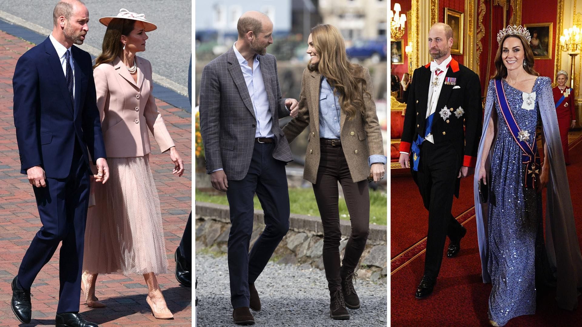 Dior für die Macrons. Country-Chic auf der Isle of Mull. Glamourauftritt auf Schloss Windsor: Drei Outfits von Prinzessin Kate aus dem Jahr 2025 (von links).