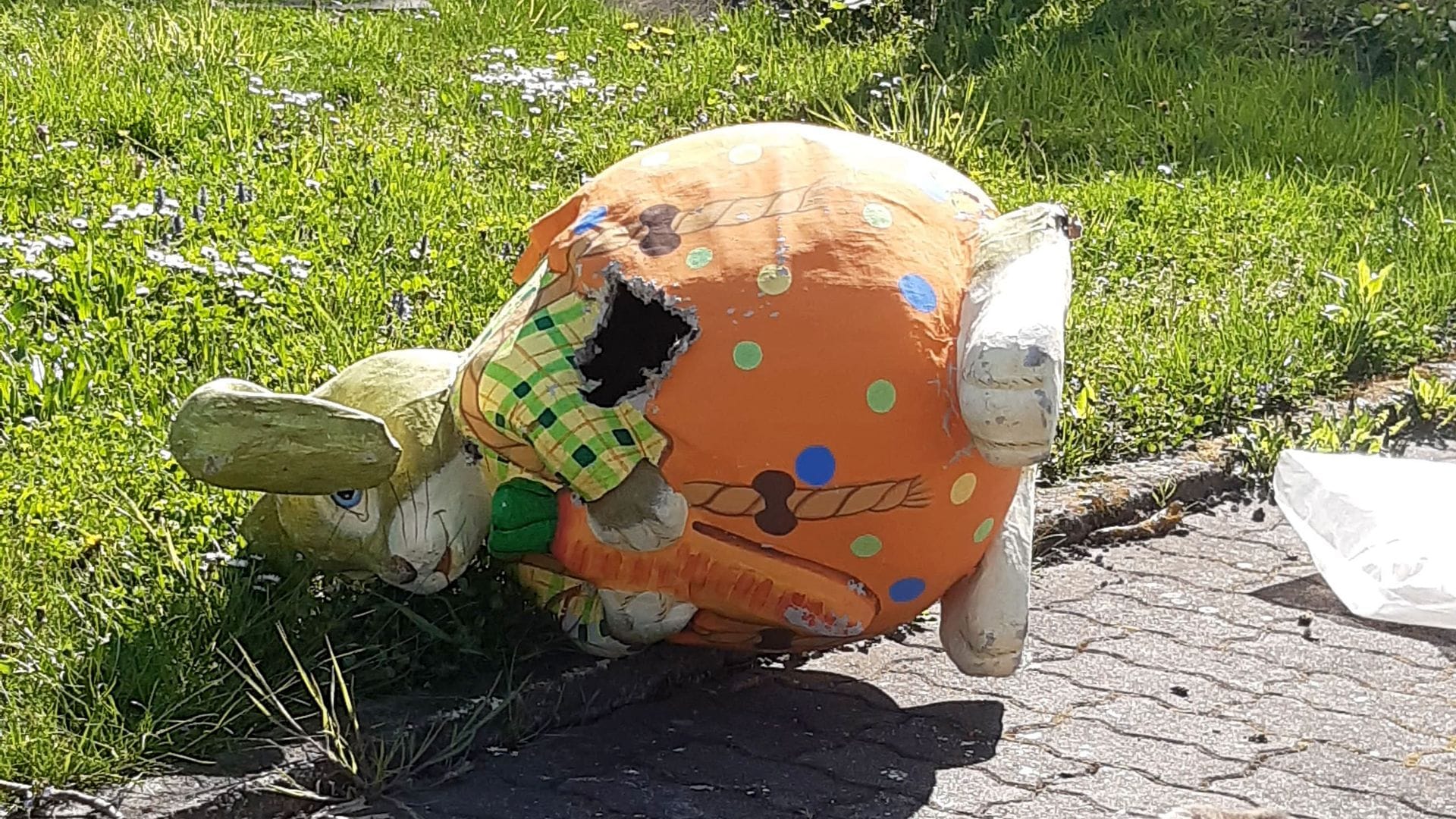 In dem Pappmasché-Osterhasen hat sich eine Waschbärin mit drei Jungen eingenistet.