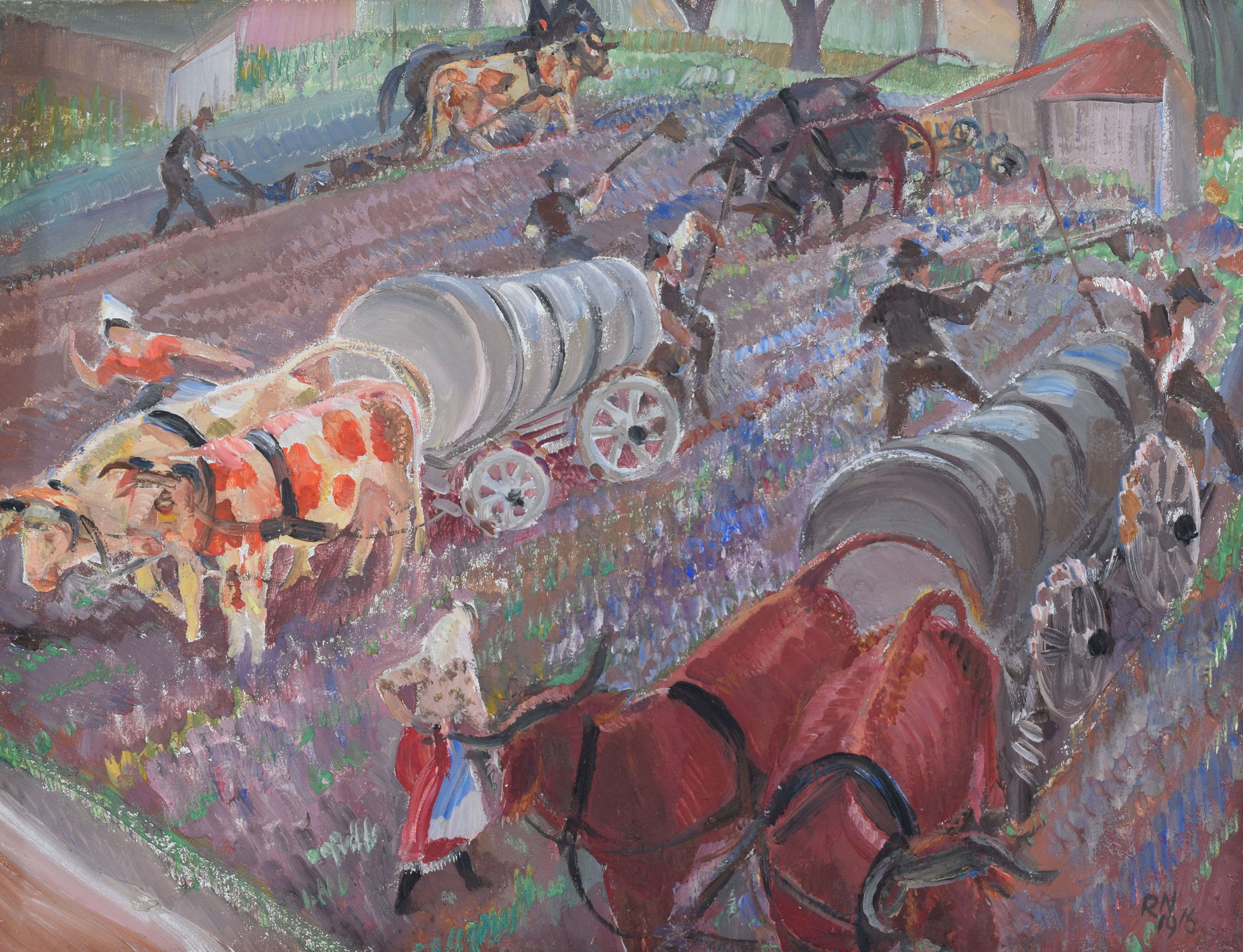 Das Bild "Landwirtschaft" von Reinhold Nägele aus dem Jahr 1916 zeigt die Galerie der Stadt Böblingen in der Zehntscheuer.    Reproduktion: Stadt Böblingen