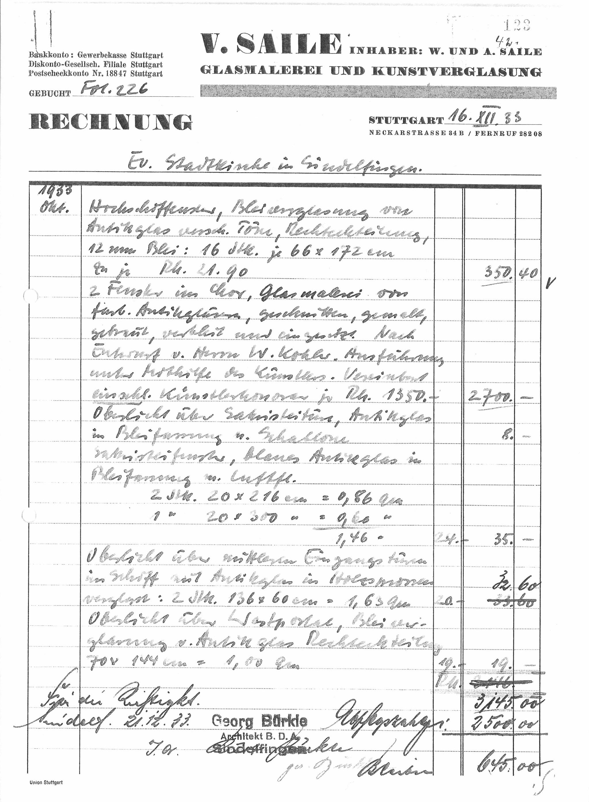 Die Rechnung vom 16. Dezember 1933 der Stuttgarter Firma Saile für die Glasfenster der Martinskirche Sindelfingen.