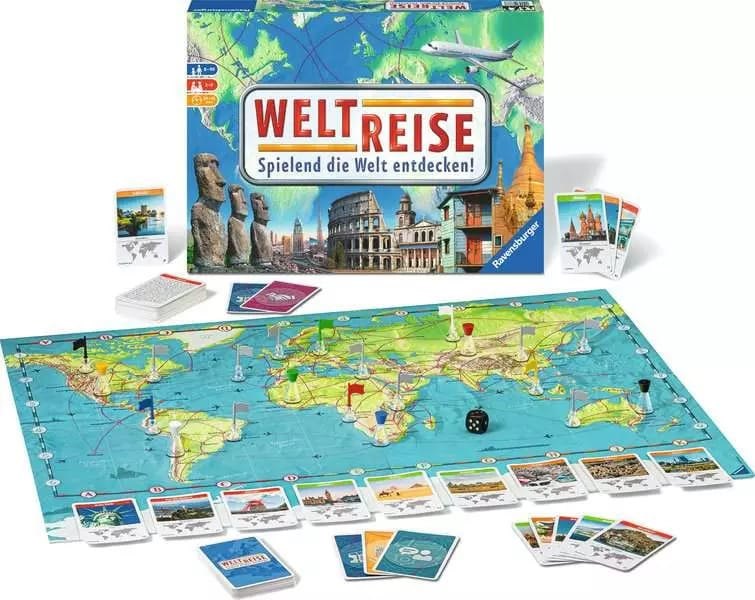 Familien reisen im Brettspiel „Weltreise“ über den Globus, sammeln Punkte und entdecken Städte.