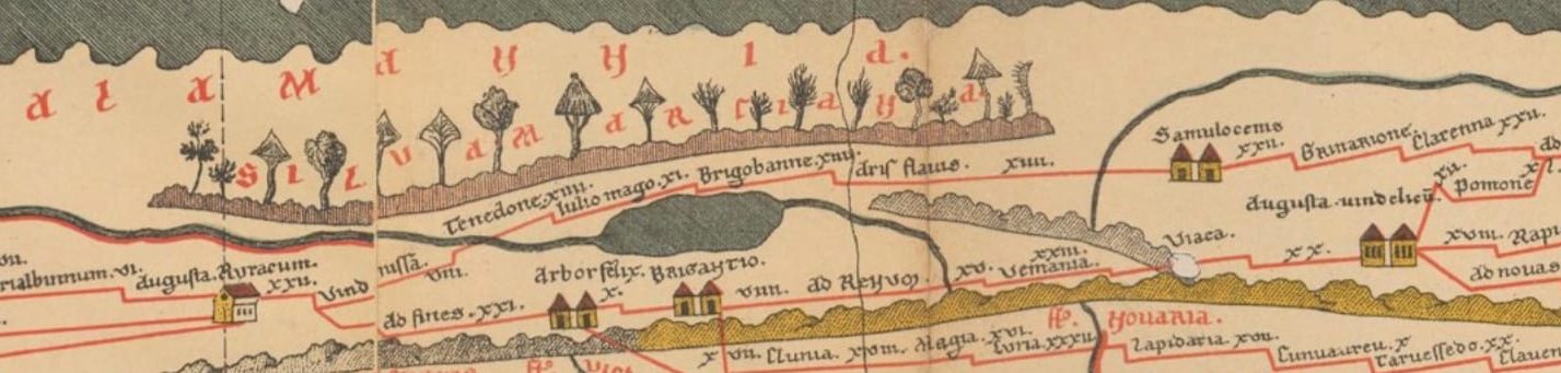 Der kleine Kartenausschnitt zeigt die römische Heerstraße vom Schweizer Rheintal bis auf die Alb mit den Stationen Augusta Rauracum (Augst), Vindonissa (Windisch),  Tenedone (Bad Zurzach), Juliomagus (Schleitheim ), Brigobannis (Hüfingen), Arae Flaviae (Rottweil ), Sumelocenna (Rottenburg), Grinario (Köngen) und  Clarenna (Donnstetten).