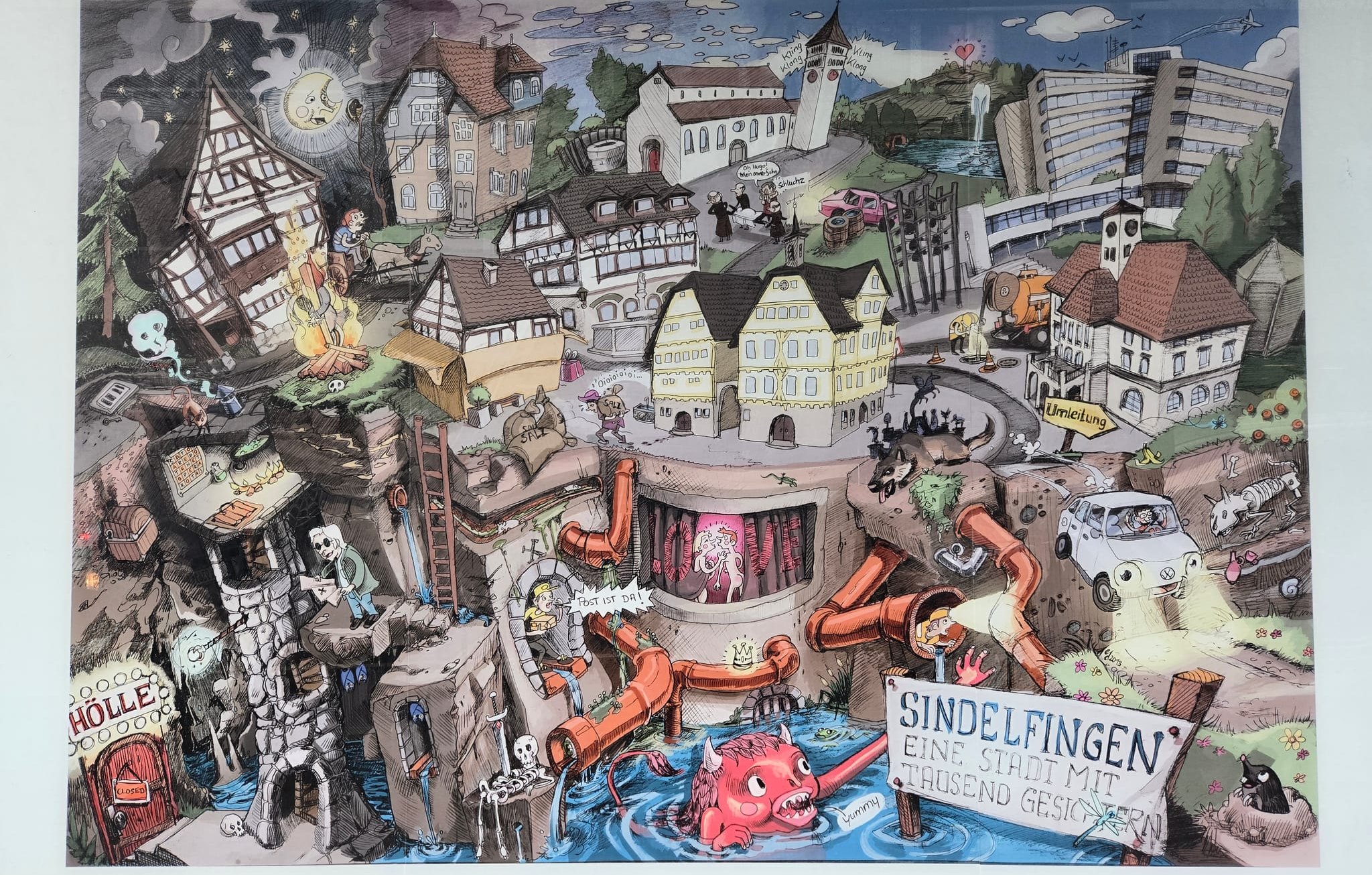 Wer entdeckt Klaus Philippscheck auf diesem Wimmelbild, das im Schaufesnter des Domo zu sehen ist? Das Bild von Daniel Ebert entstand im Rahmen eines Projekts der Hoschschule Würzburg-Schweinfurt zum Thema Stadtgeschichte Sindelfingen.