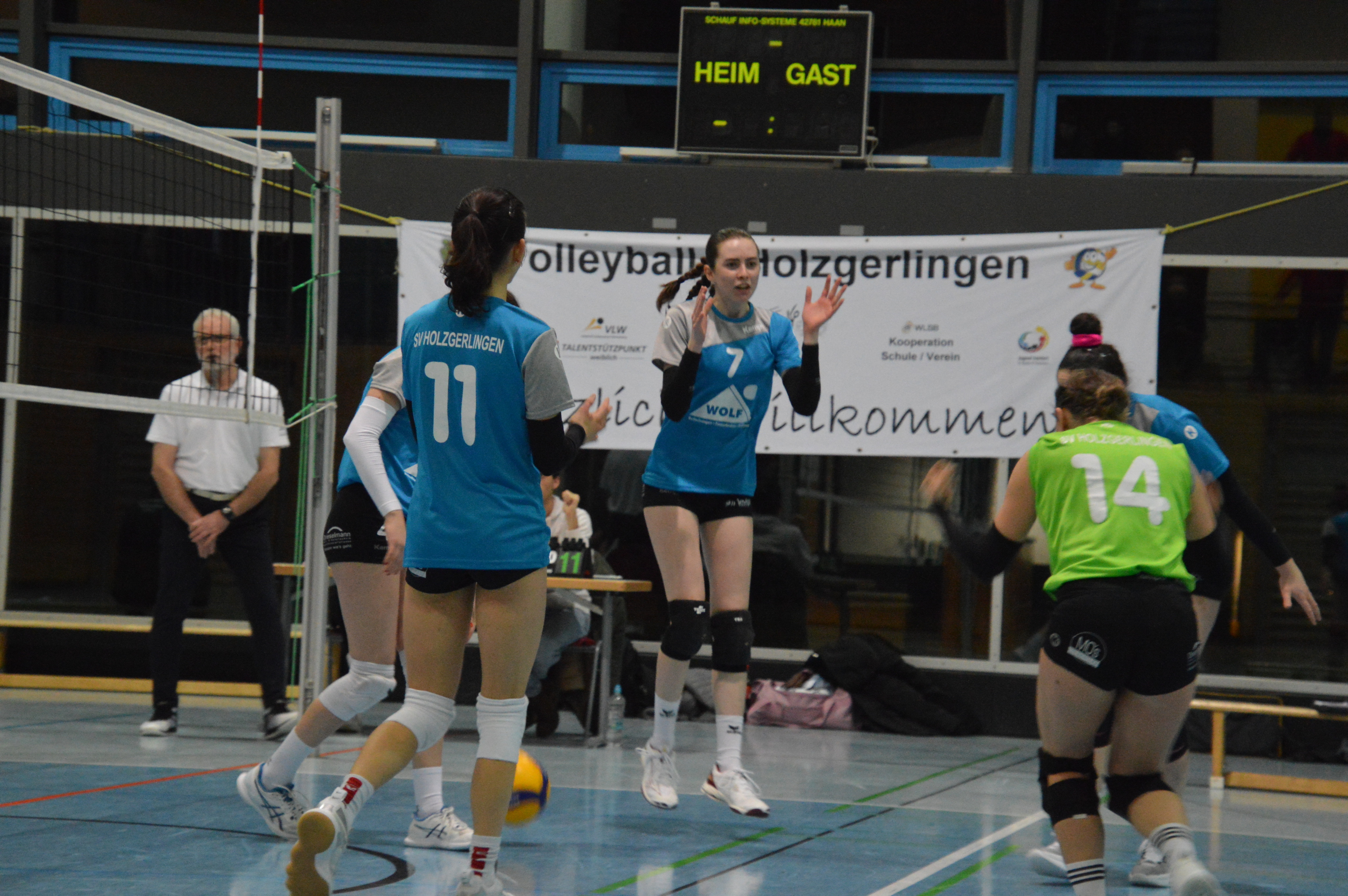 Joline Glaßmann (Nummer 7) und ihre Mitspielerinnen der Spvgg Holzgerlingen jubeln über einen Punktgewinn.	Bild: Zvizdiç