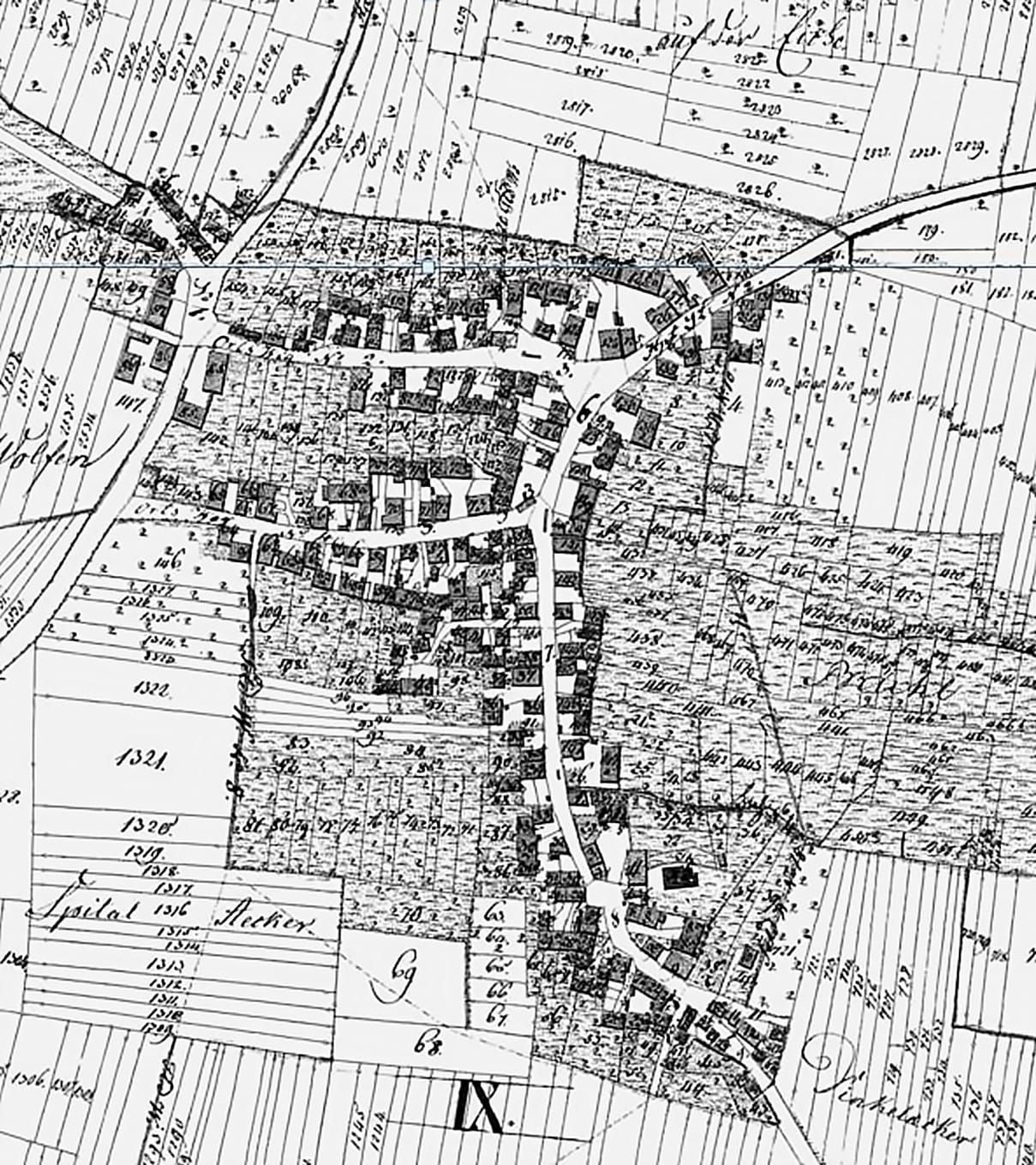 Der Ortsplan von 1830/1831. Rechts erstreckt sich die Sindelfinger Straße, die beiden Querstraßen sind die Brunnenstraße und Pfaffengasse.