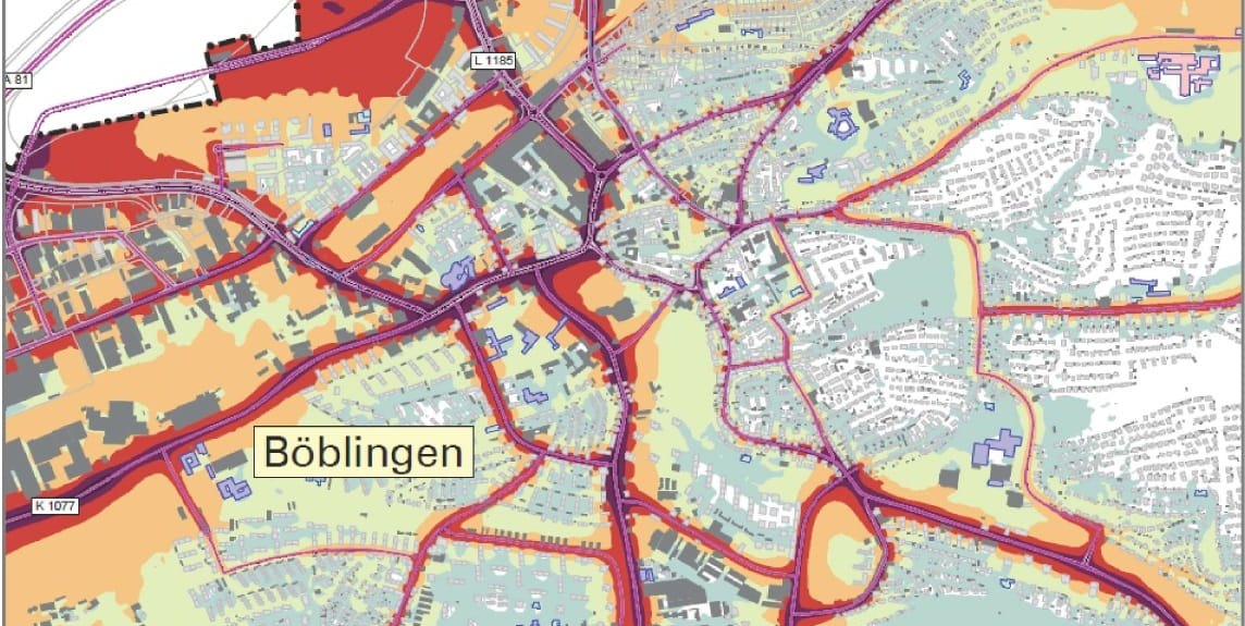 Die Lärmkarte zeigt, wie stark die Lärmbelastung in Böblingen ist.
