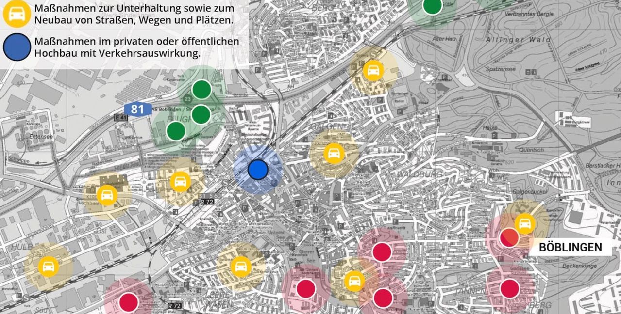 Die Karte zeigt die größeren Baumaßnahmen in der Stadt.