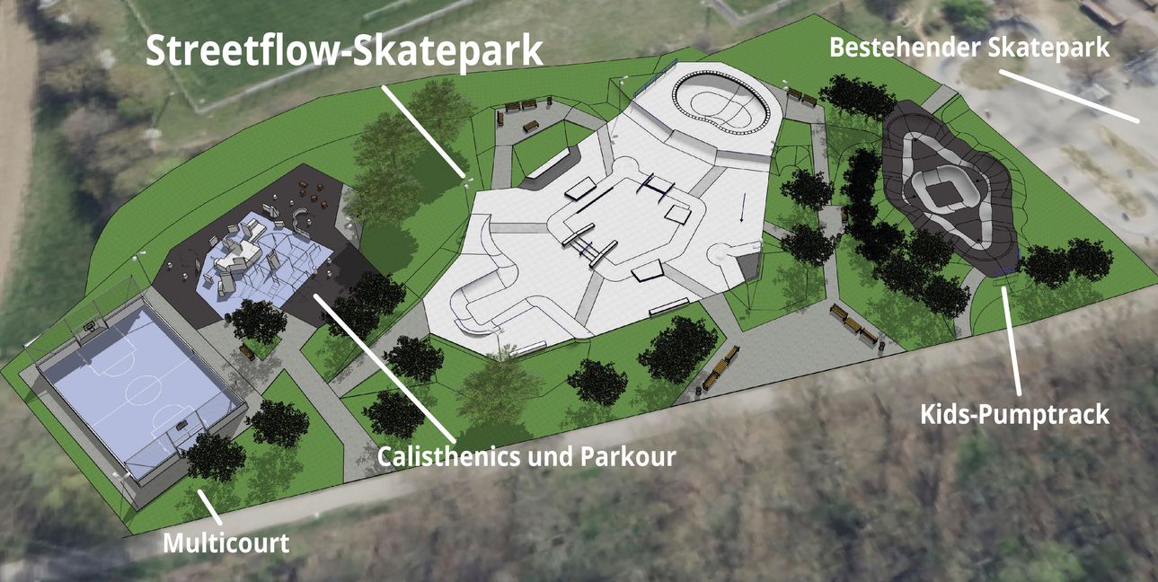 So soll die neue Skateanlage am Glaspalast aussehen. Der Technik- und Umweltausschuss stimmte einstimmig dafür. Das letzte Wort hat der Gemeinderat kommenden Mittwoch.