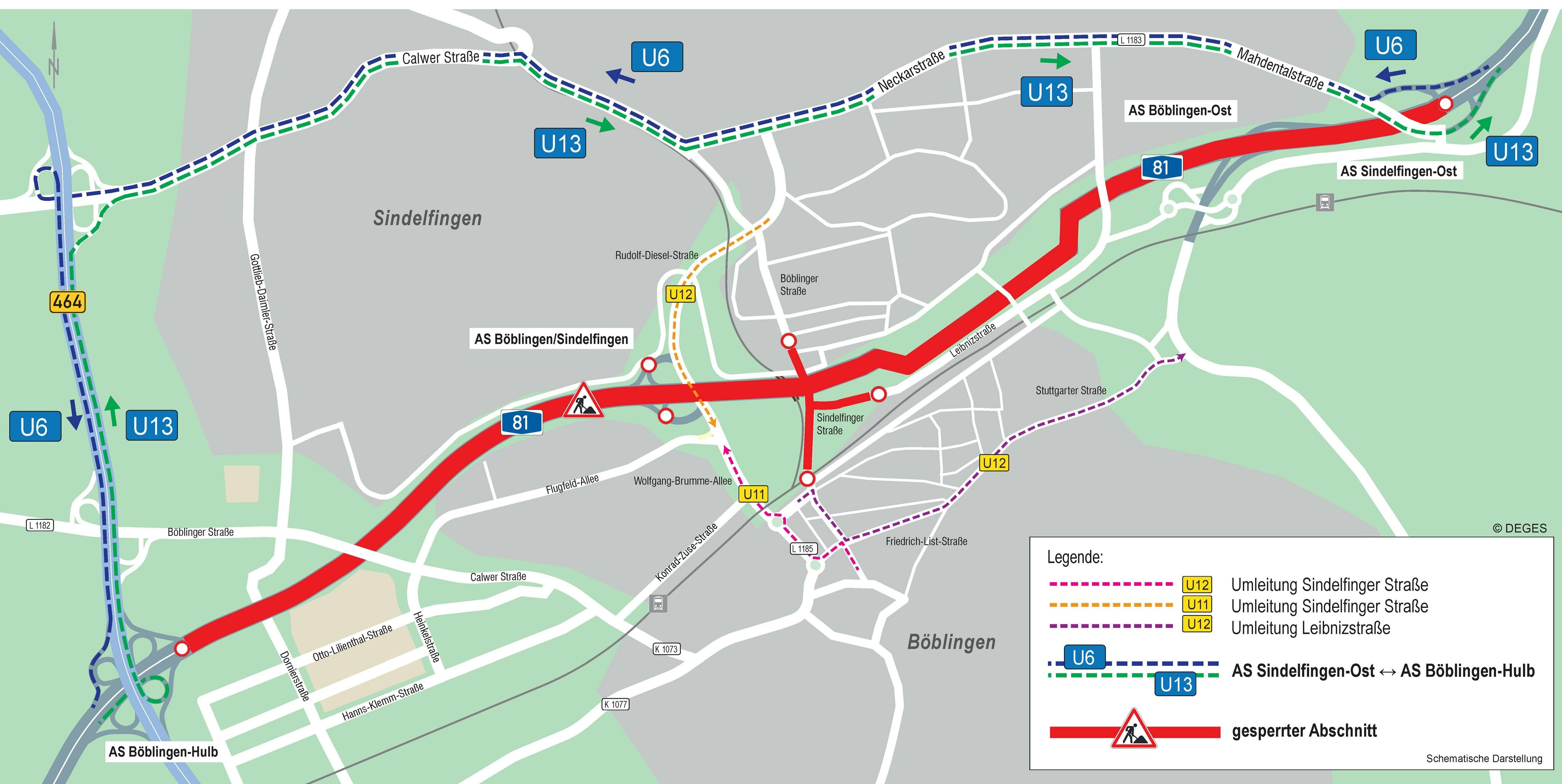 Die Grafik zeigt die Umleitungsstrecken während der Sperrung. Grafik: Deges