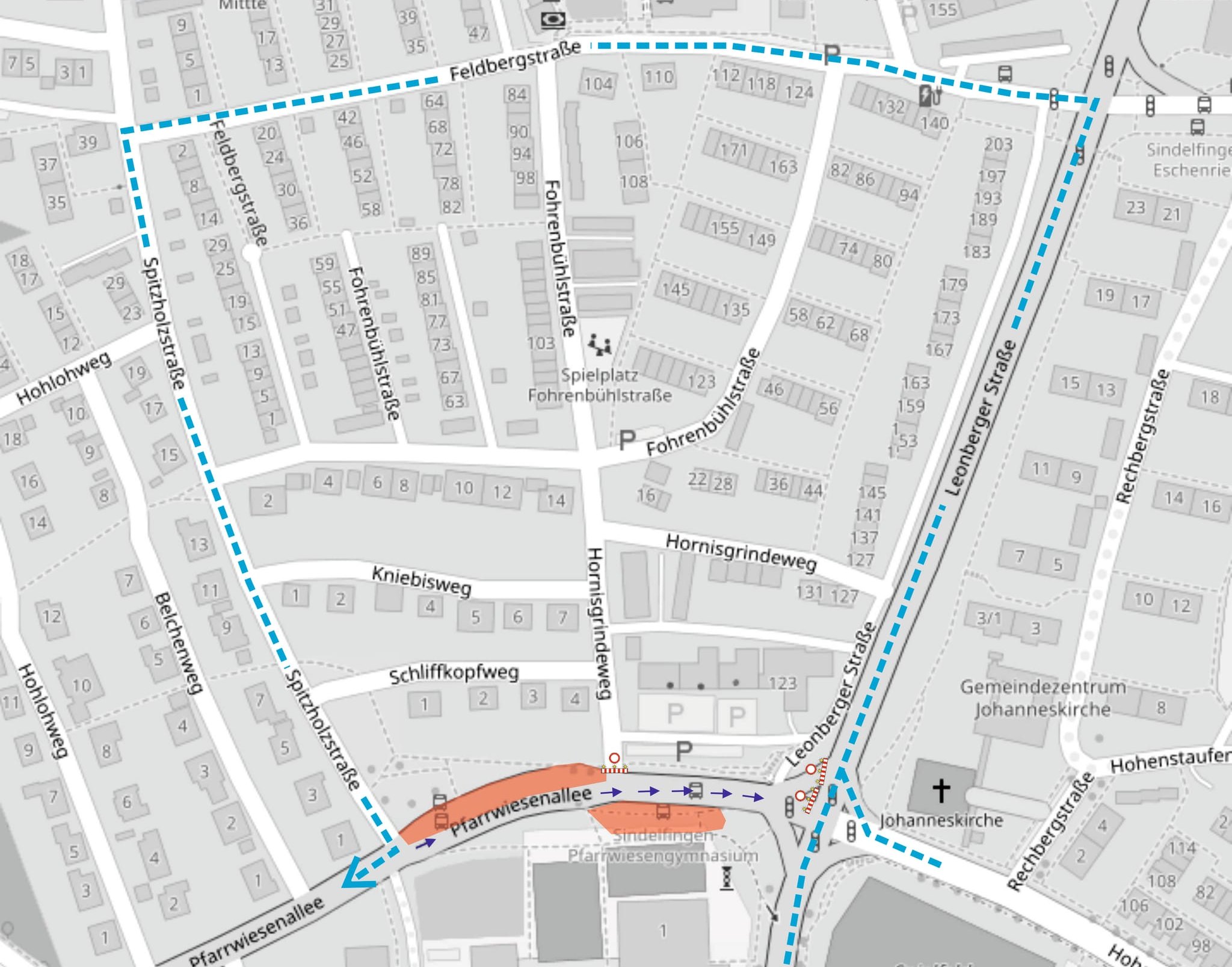 So verläuft die Umleitung wegen der gesperrten Pfarrwiesenallee.