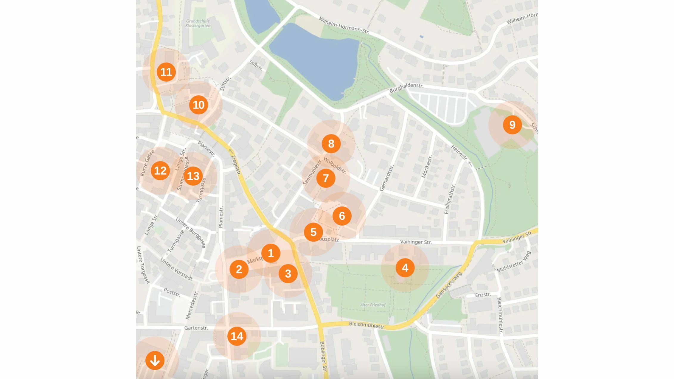 In unserem Artikel findet ihr eine interaktive Karte mit allen Standorten der Stelen, die jeweils einen Ausschnitt aus der Zeit beleuchten. Die Station 14 wird aufgrund einer Baustelle voraussichtlich erst im Juni aufgestellt. Grafik: Teufel