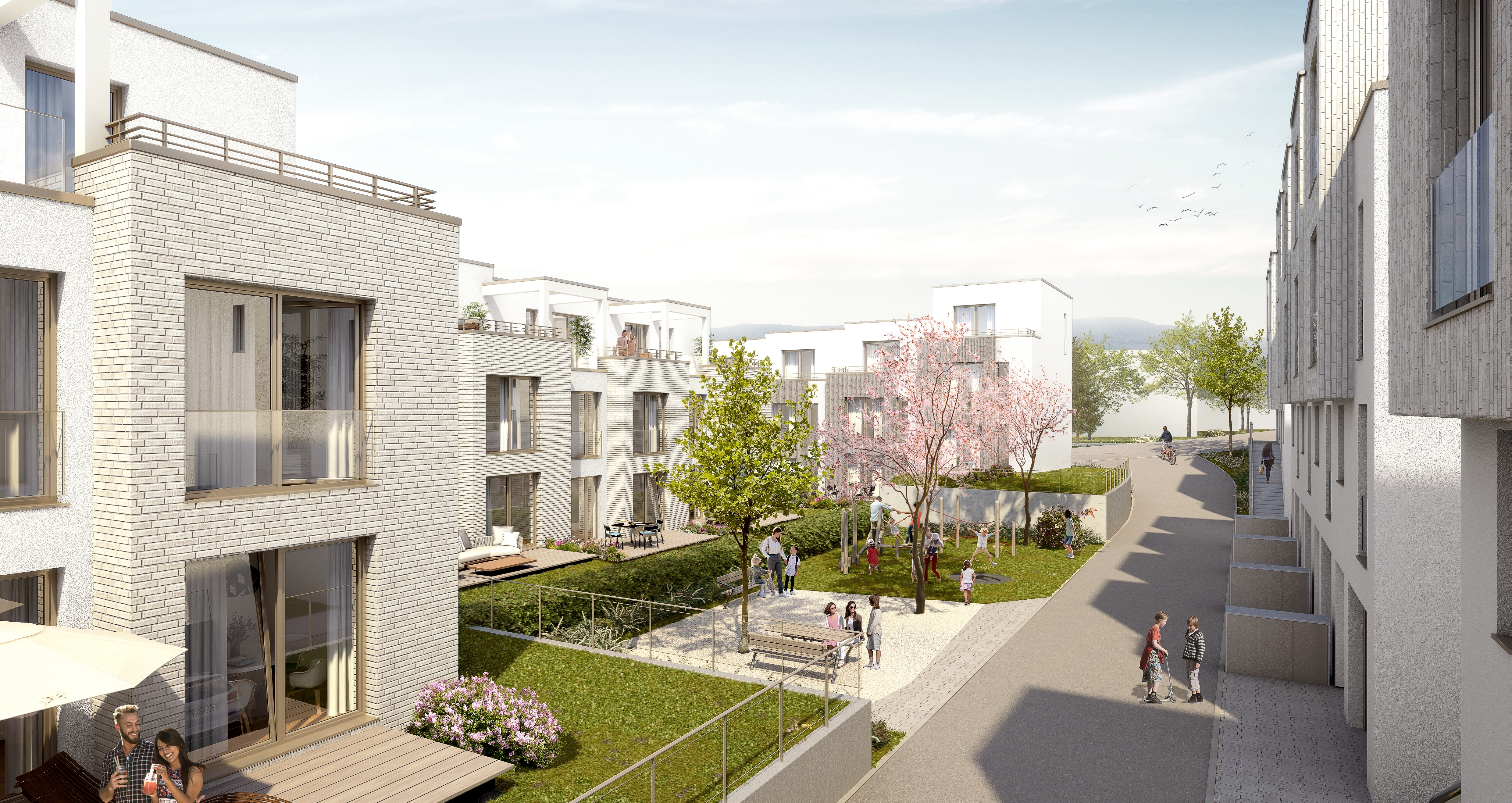 In der Ihinger Straße in Magstadt entstehen sechs Doppelhaushälften und 19 Reihenhäuser. Hier ist der Quartiersplatz zu sehen, mit Spielplatz und Sitzgelegenheiten. Er soll den Bewohnerinnen und Bewohnern die Möglichkeit für Begegnung und Kommunikation bieten. Quelle: Projekt GmbH