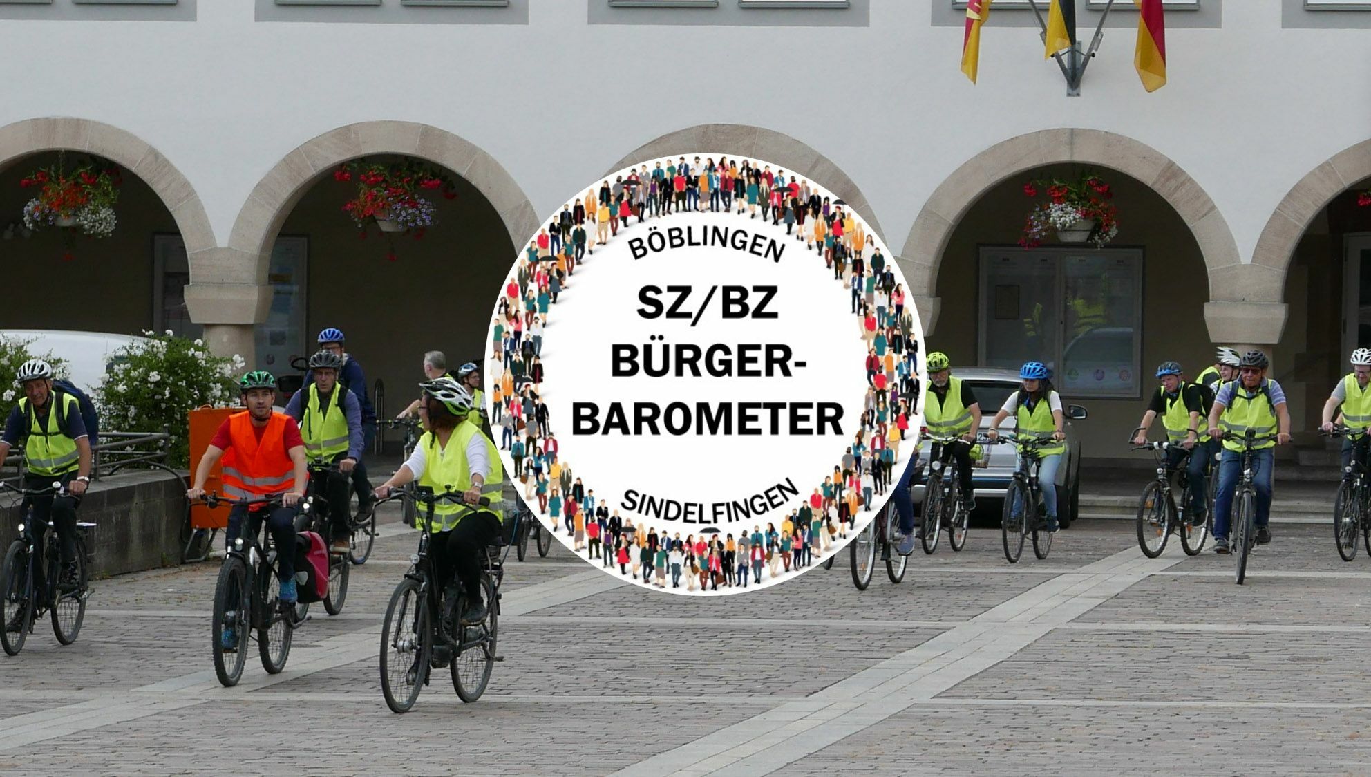 Der Böblinger Gemeinderat beim Start zur alljährlichen Baustellen-Besichtigungstour mit dem Fahrrad im Sommer 2021: Die Kontaktbeschränkungen während der Corona-Pandemie hätten es ihnen schwer gemacht, den Austausch mit den Bürgern zu pflegen, sagen die Fraktionsvorsitzenden. Darin sehen sie einen Hauptgrund für das Ergebnis der Umfrage zum SZ/BZ-Bürgerbarometer, das sich gegenüber 2019 deutlich verschlechtert hat. Bild: Hamann/Grafiken: Teufel